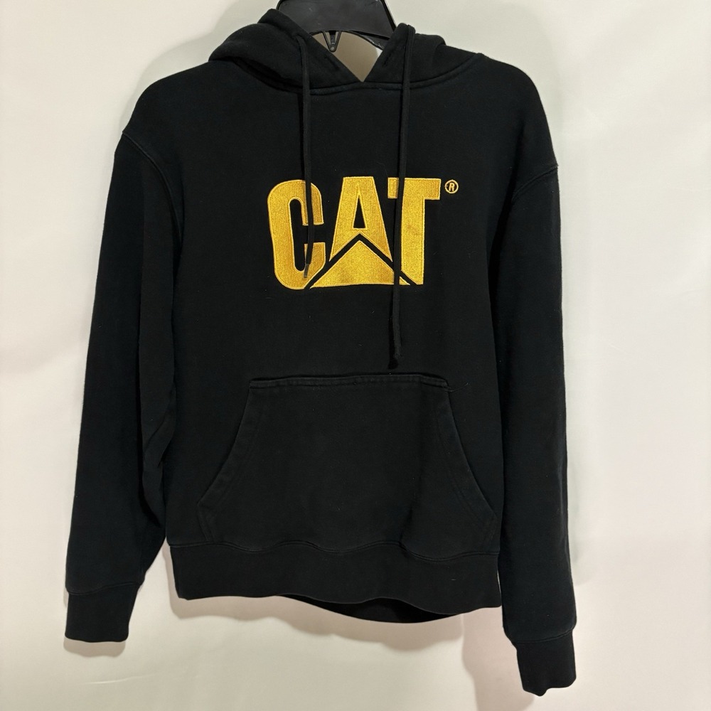 Caterpillar CAT Black Pullover Hoodie Women Size Small Yellow Logo Sweatshirt